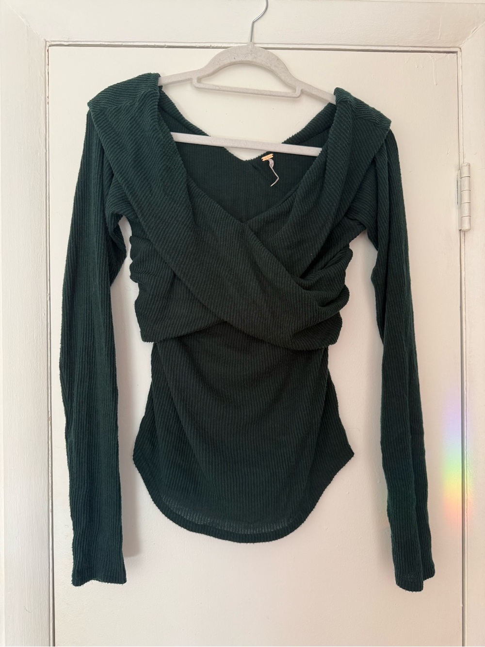 Free People Dark Green Ribbed Wrap-Style Long Sleeve
